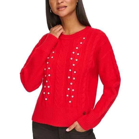 KARL LAGERFELD PARIS Women's Rhinestone Cable-Knit Sweater Red Size M MSRP $99